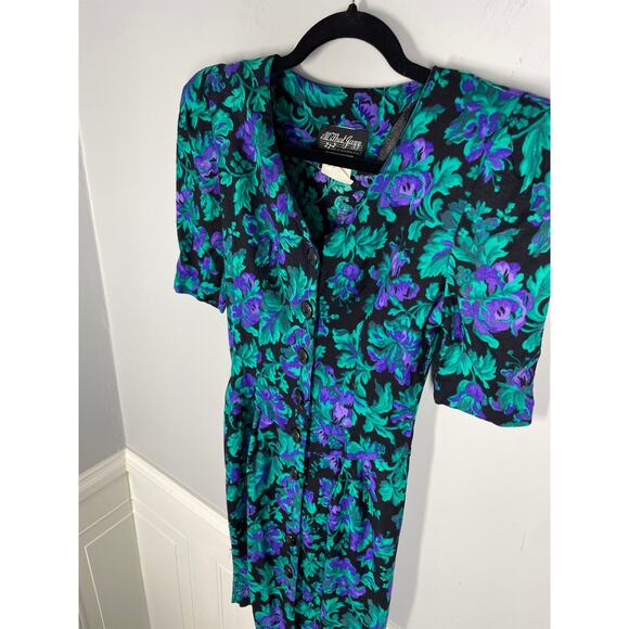 Vintage, Sz 3/4, Bright Teal & Purple Button Up Rayon Dress, Shoulder Pads, VGVC - Picture 3 of 6